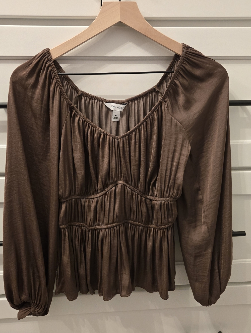 Nine West Chocolate Brown Ruched Long-Sleeve Peasant Blouse